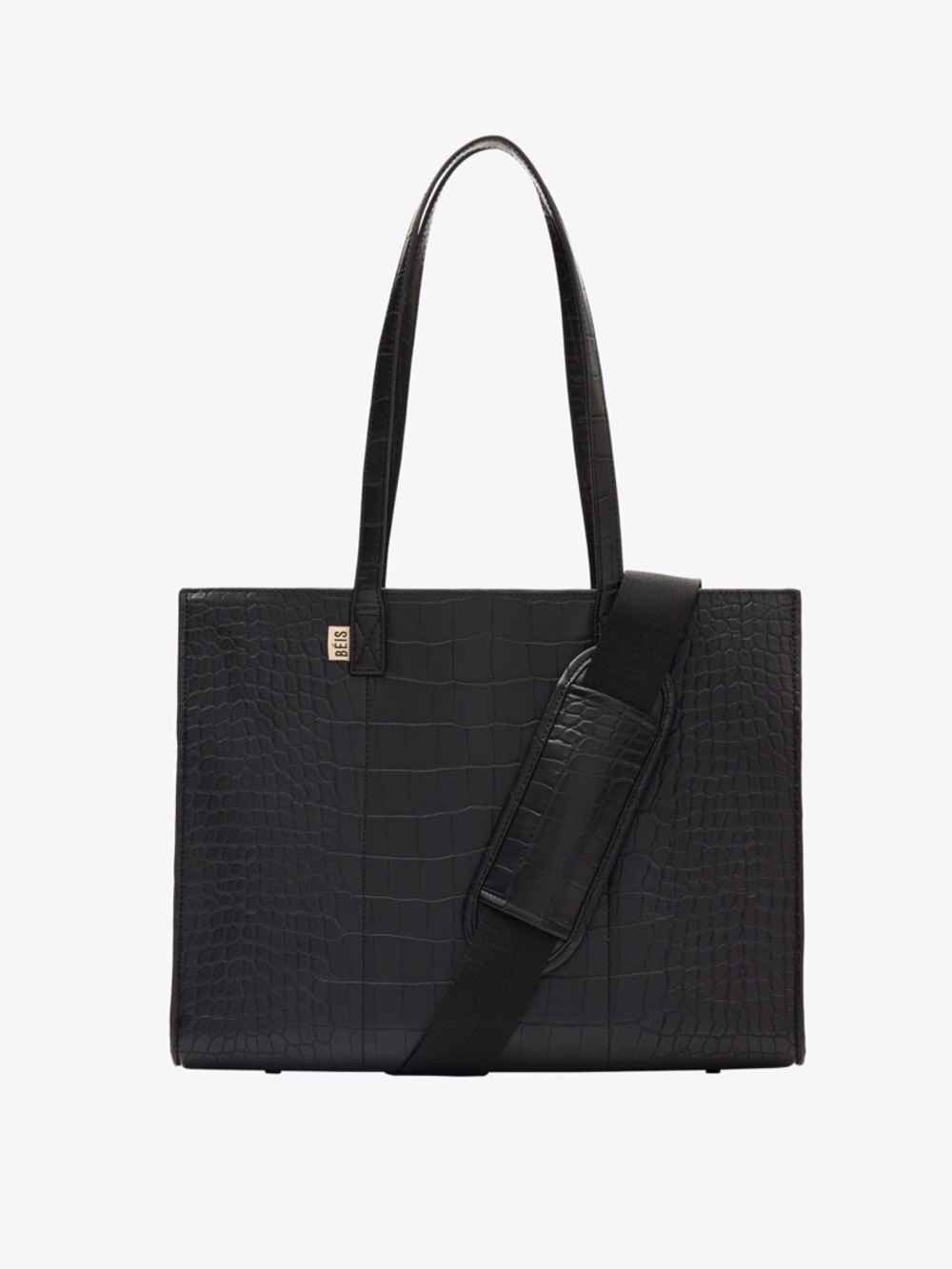 BEIS Black Croc-Embossed Tote with Strap
